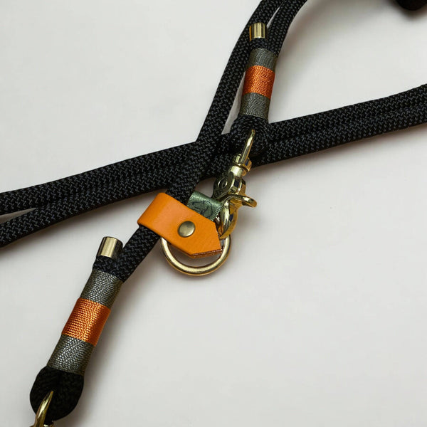 The Greenwich Yarn Handsfree Dog Lead – Black, Camo & Burnt Orange | Handmade and Adjustable