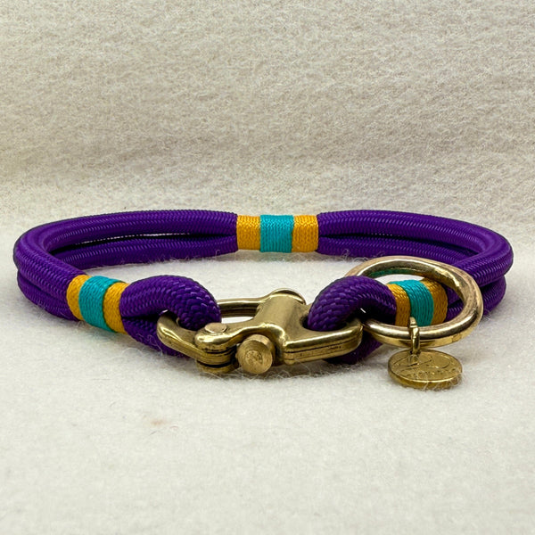 Greenwich Yarn mini rope dog collar (6mm) in deep purple with airforce gold and teal nano binding, solid brass shackle and small brass O-ring