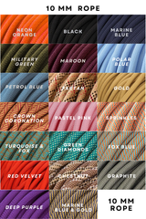 Luxury 10mm rope colour options for the Greenwich Yarn Slip Collar, including marine blue, petrol blue, military green, maroon, tartan, and more.