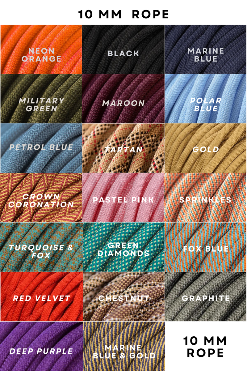 Luxury 10mm rope colour options for the Greenwich Yarn Slip Collar, including marine blue, petrol blue, military green, maroon, tartan, and more.