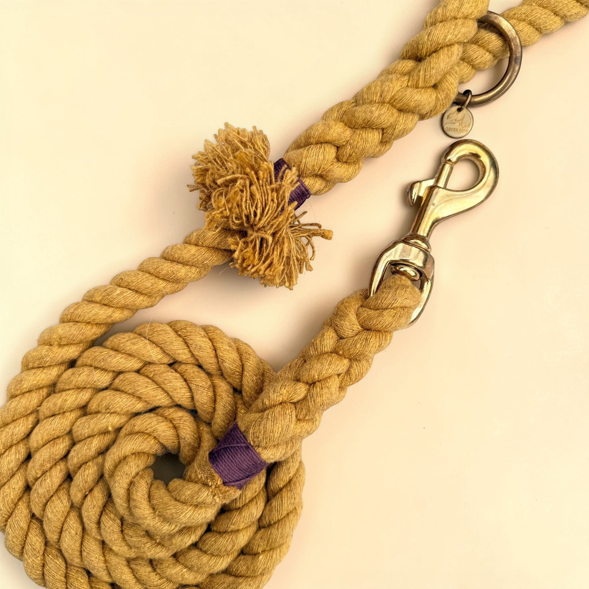 Close-up of harvest yellow cotton rope dog lead showing the frayed tassel at the handle, chestnut brown binding, brass O-ring and solid brass snap clip