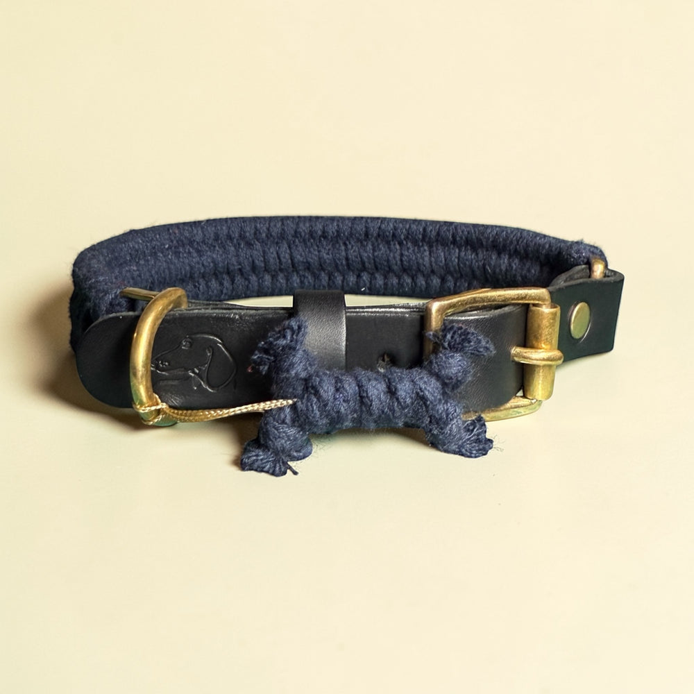 Midnight blue handmade braided cotton rope dog collar with black premium leather strap, brass buckle, brass D-ring and Green Dog branded leather patch with rope dachshund charm