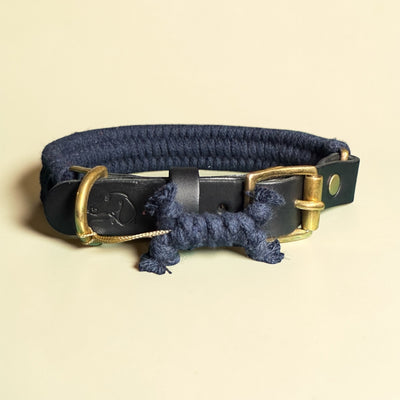 Midnight blue handmade braided cotton rope dog collar with black premium leather strap, brass buckle, brass D-ring and Green Dog branded leather patch with rope dachshund charm