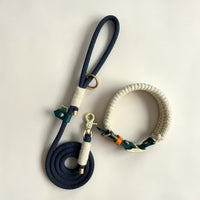 Dingley Hybrid midnight blue rope lead paired with hunter green BioThane wool collar — complete Sheep Shed Hybrid set, handmade in Oxford by Green Dog
