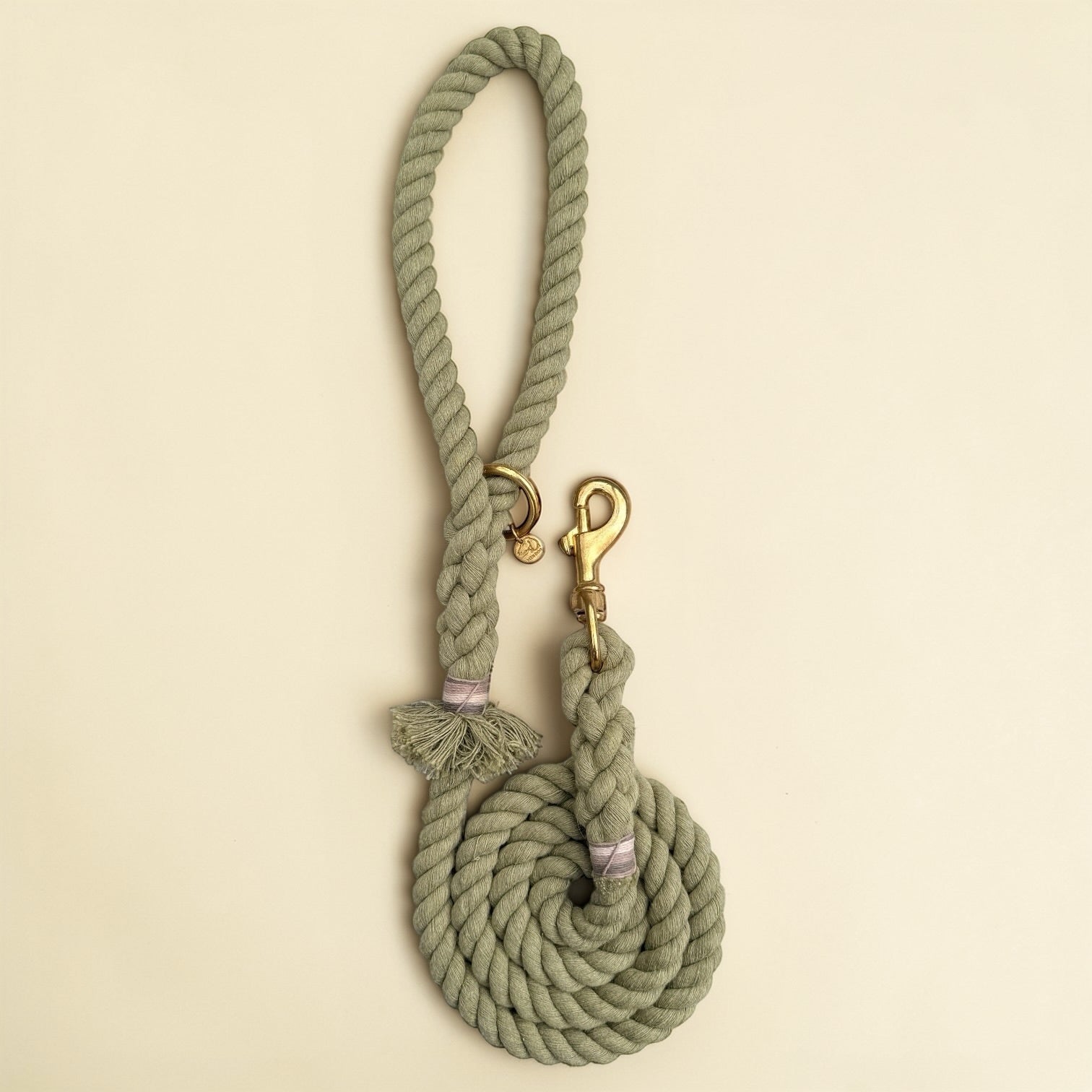 Olive green handmade cotton rope dog lead coiled flat lay, with solid brass snap clip, brass O-ring, Green Dog brass disc and mixed striped binding