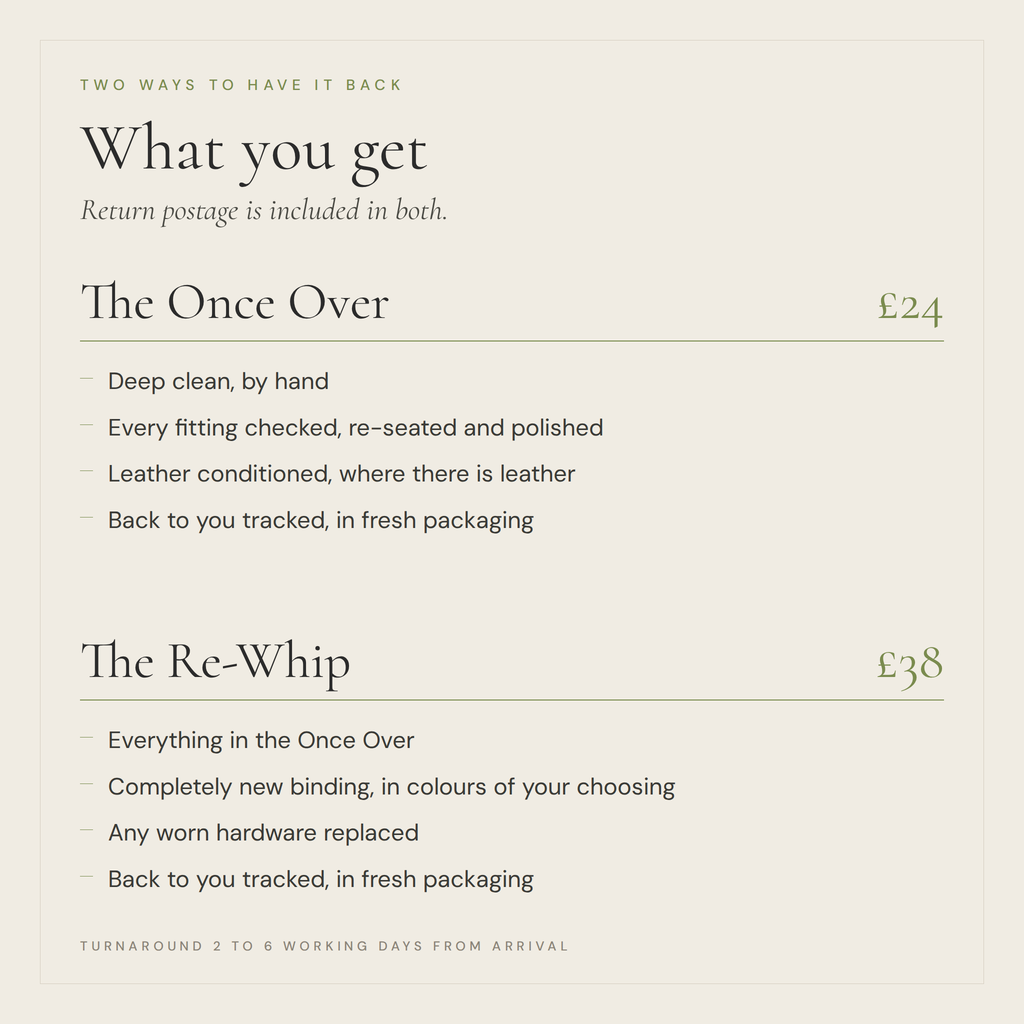 What you get: The Once Over at 24 pounds and The Re-Whip at 38 pounds, return postage included in both