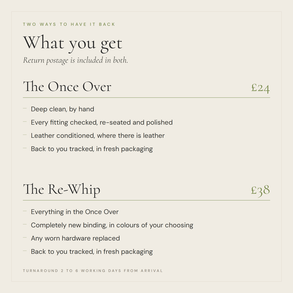 What you get: The Once Over at 24 pounds and The Re-Whip at 38 pounds, return postage included in both